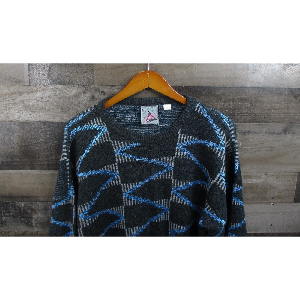 Vintage Aitch Sweater Mens Medium Black Blue Geometric Pullover Crew Neck 80s